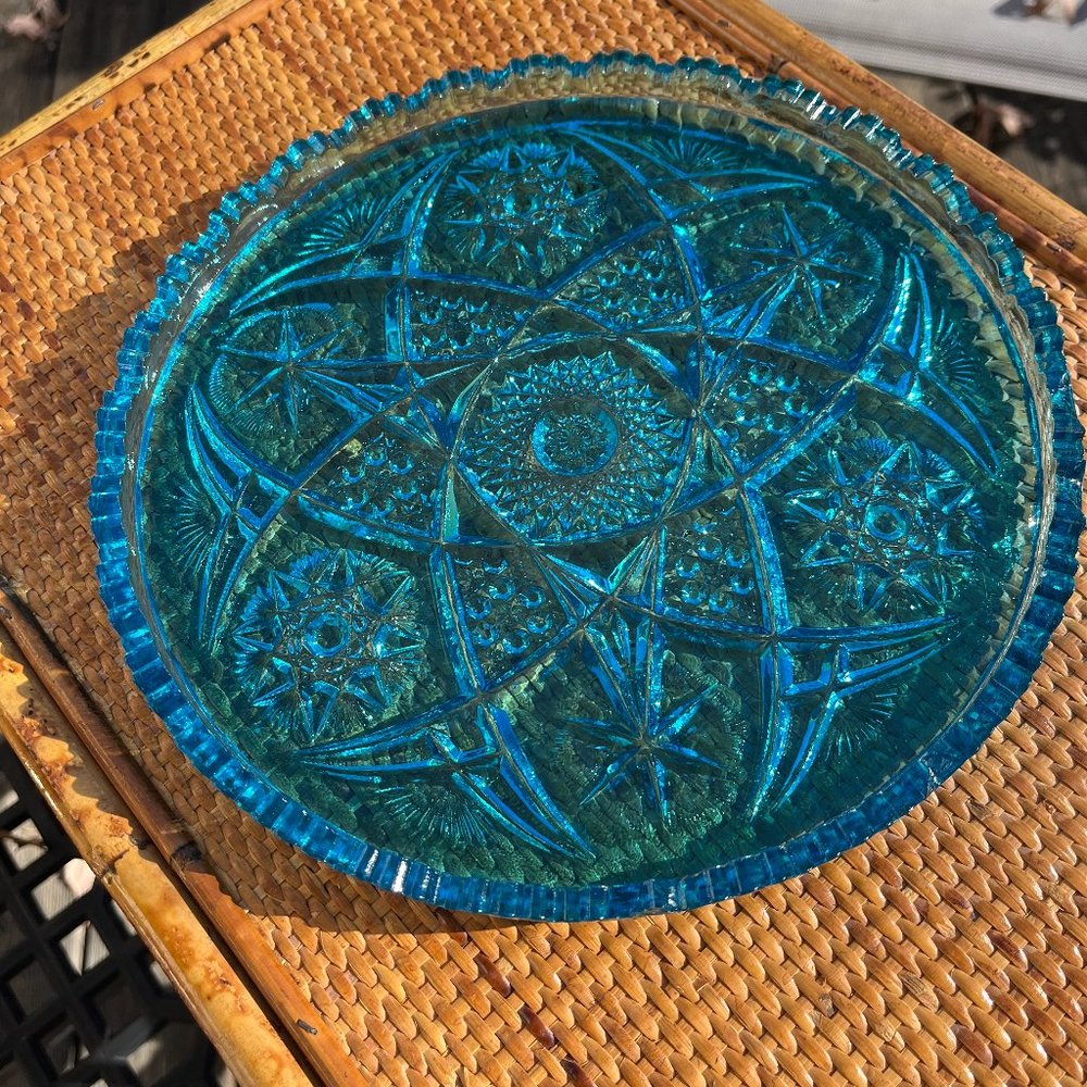 2 Pieces Bundle of Bright Blue Cut Glass- Plate and Candy Dish